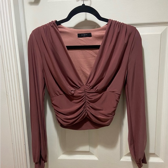 Elegant Mauve Ruched Long Sleeve Blouse - Picture 1 of 2
